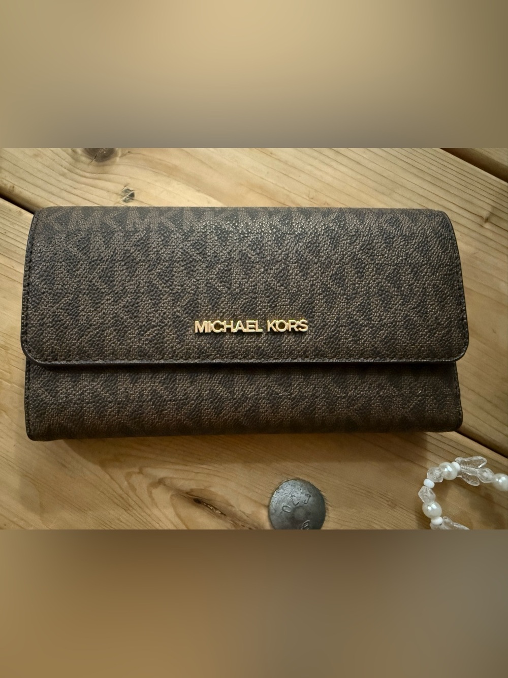 Michael Kors Brown Textured Wallet with Gold Logo